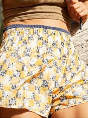 Free People Smocked High-Waist Checkered Floral Shorts in Yellow and Black